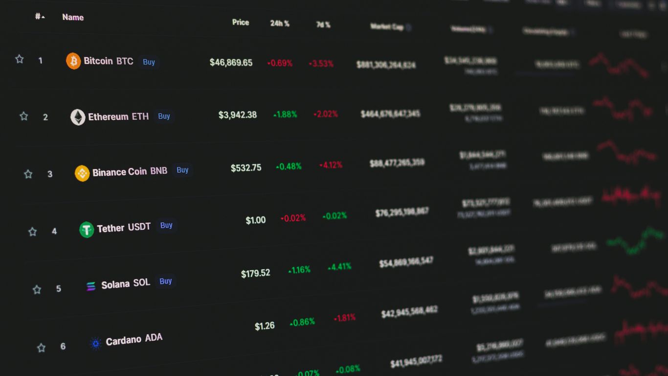 Cryptocurrency market prices and trends displayed on a digital interface.