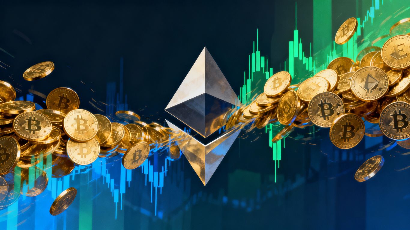 Ethereum logo with mixed coin flows.