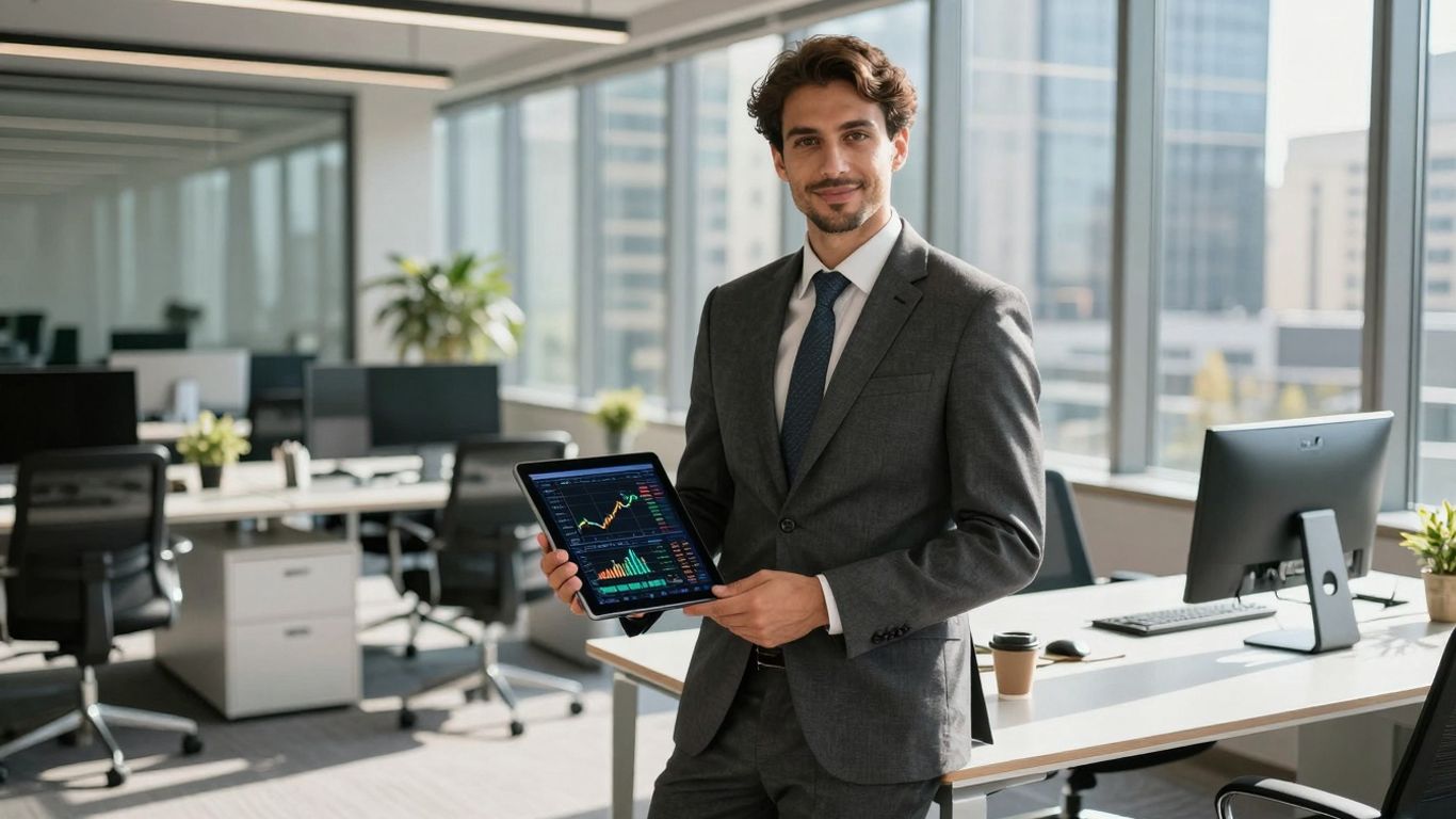 Financial Risk Manager in modern office with tablet.