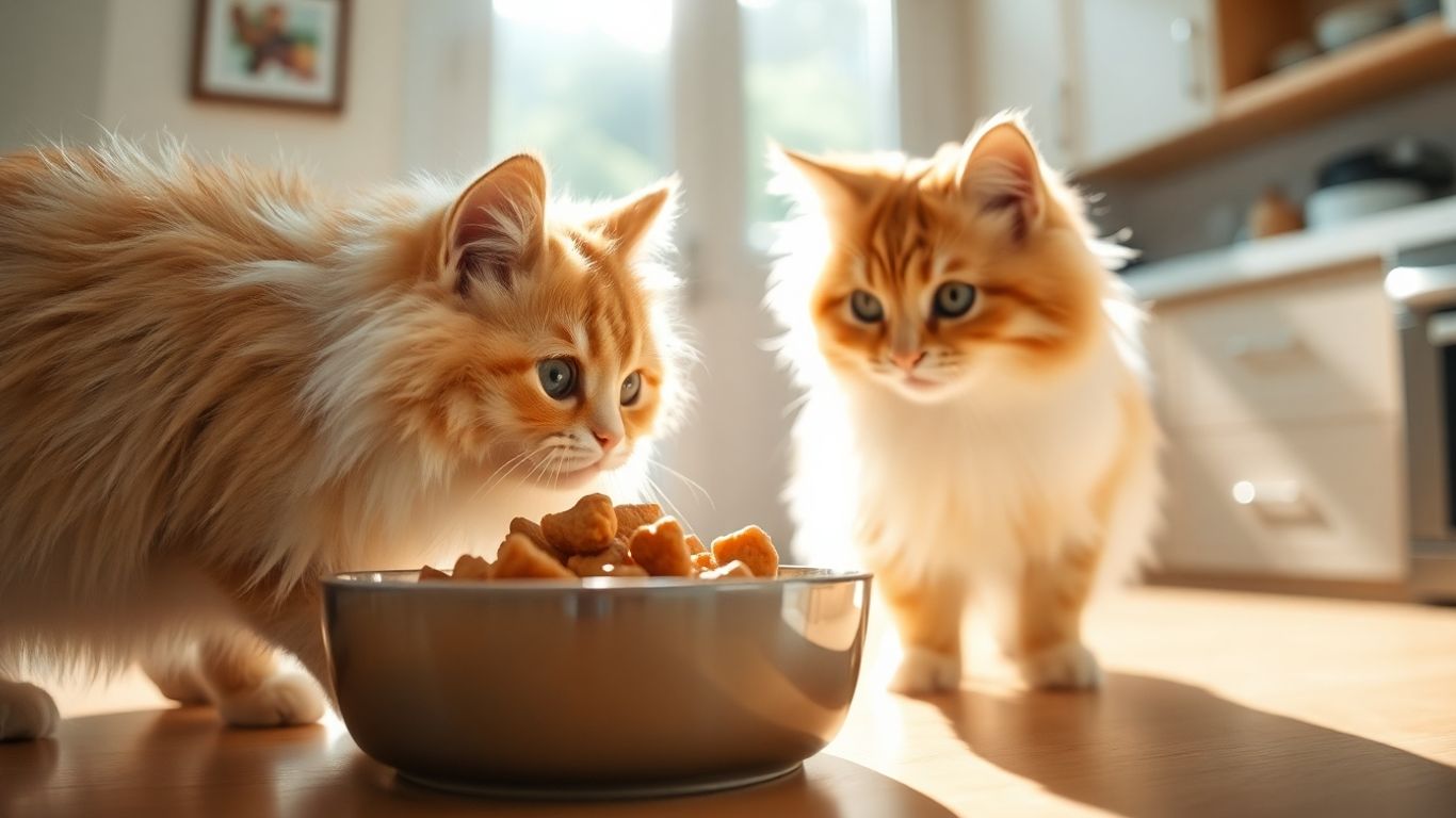 Cat happily eating wet food from a bowl.