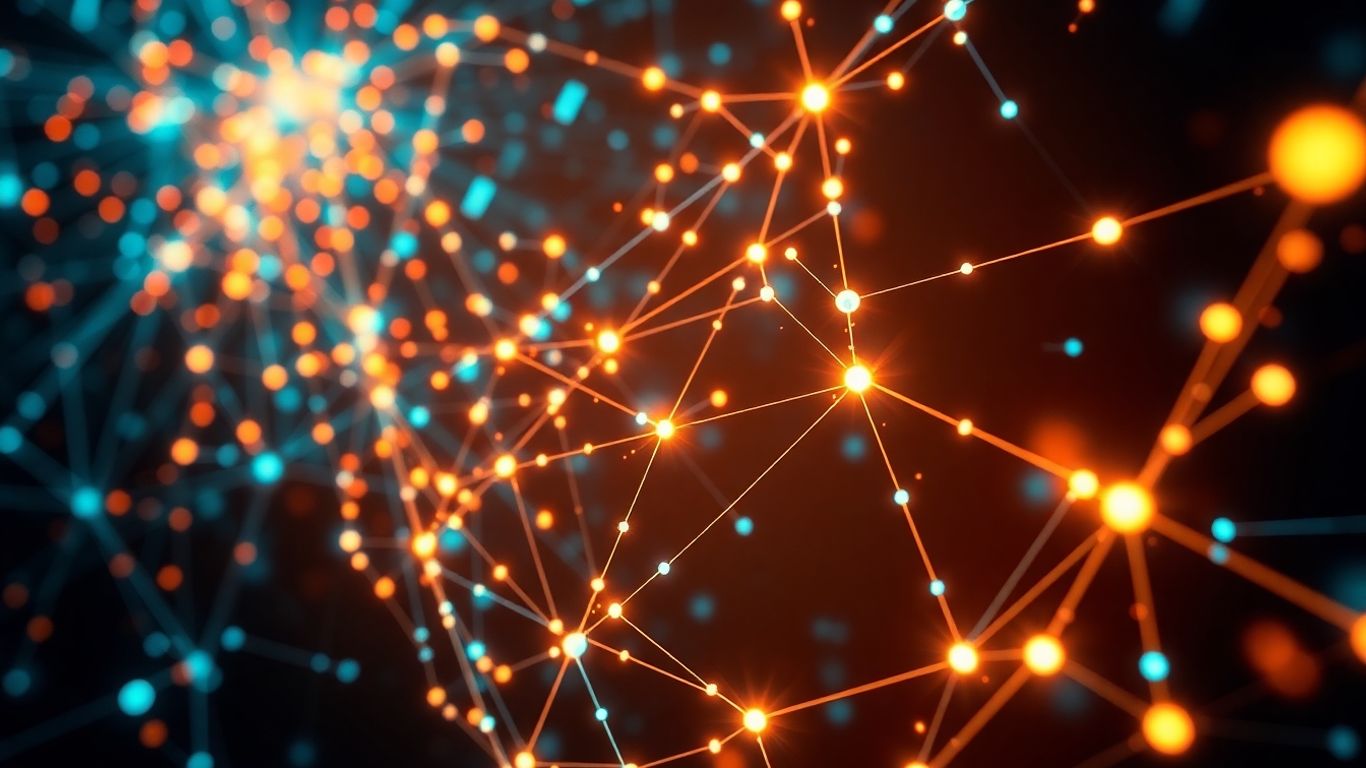 Abstract data network visualization with glowing nodes and connections.
