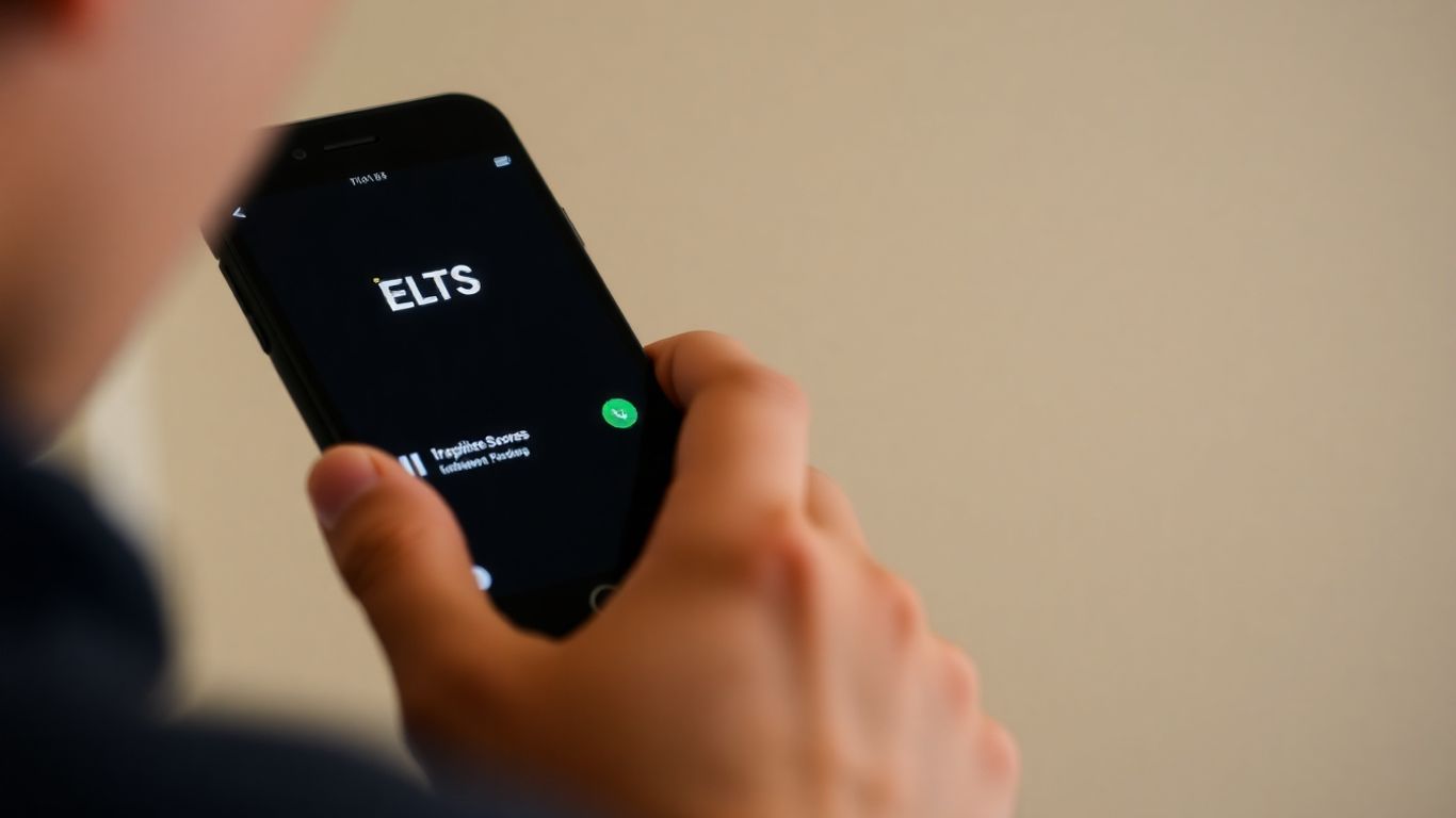 Checking IELTS results on a smartphone screen.