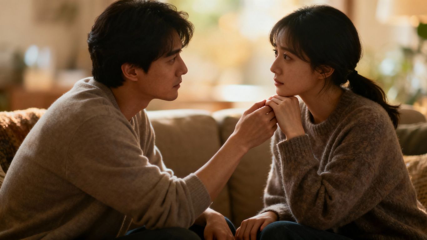 Couple in deep conversation on a couch.