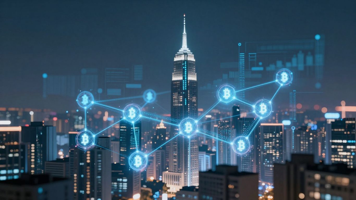 Futuristic cityscape with glowing blockchain connections.
