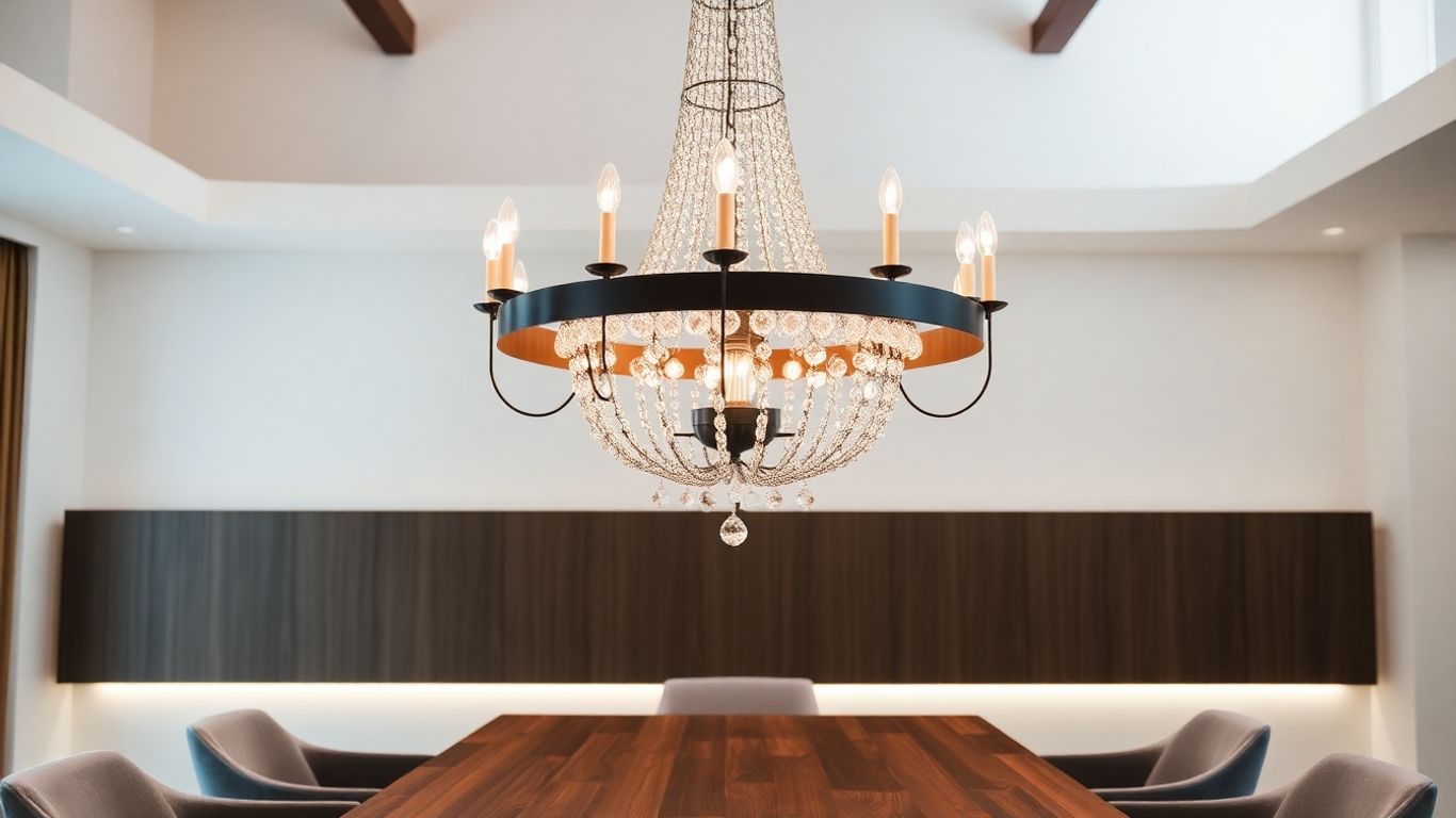 Elegant chandelier hanging over a dining room table.