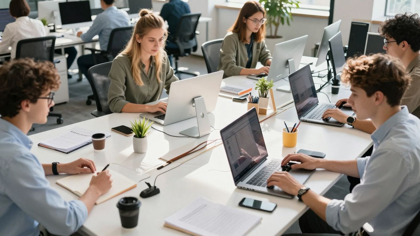 People collaborating and using devices in a bright office.
