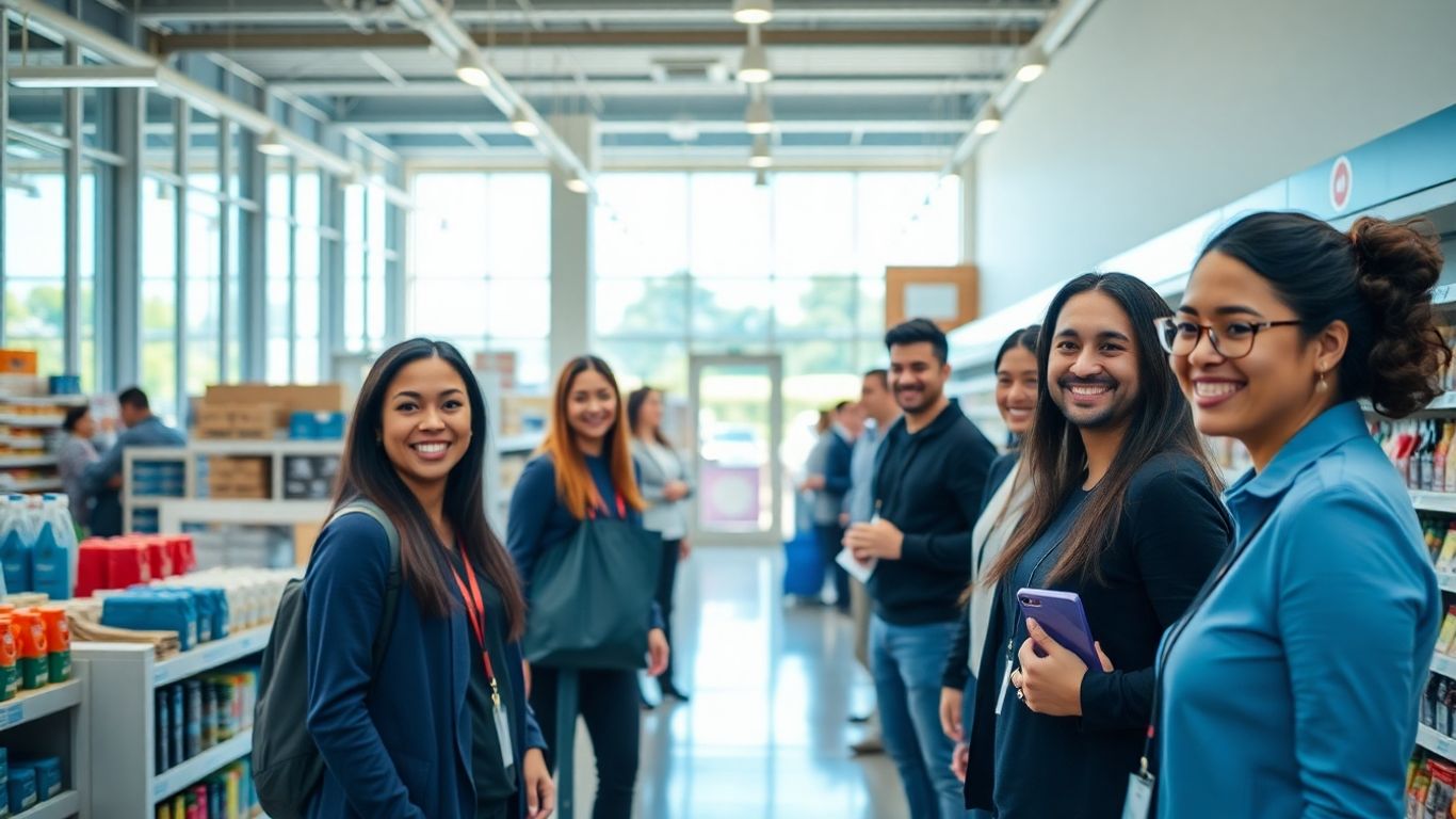 Funcionários sorrindo em loja moderna do Atacadão.