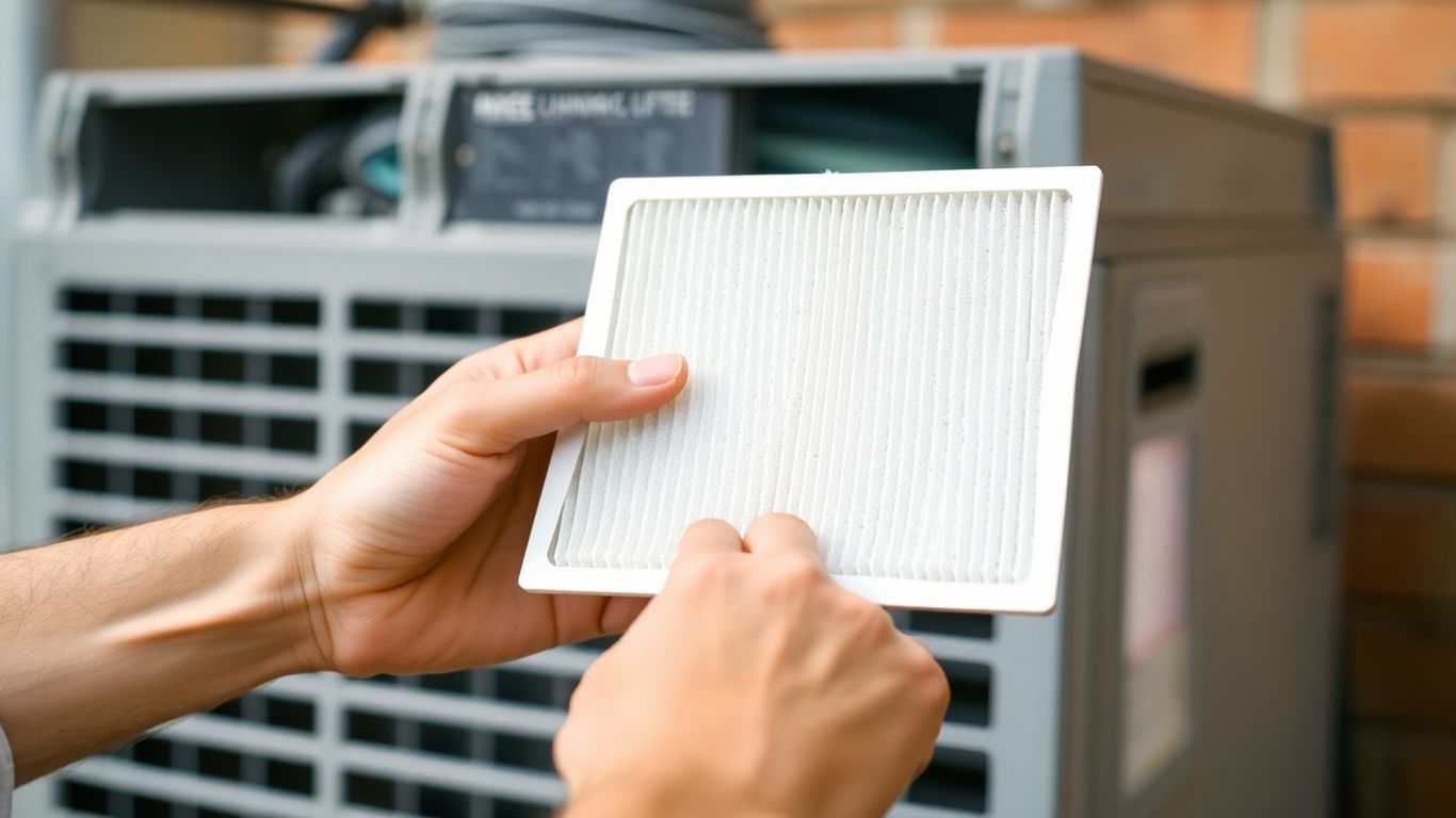 Hands holding dusty HVAC air filter near unit.