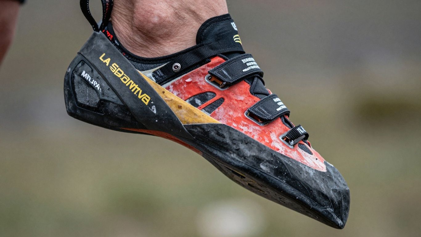 La Sportiva Miura VS climbing shoe with red and black design.