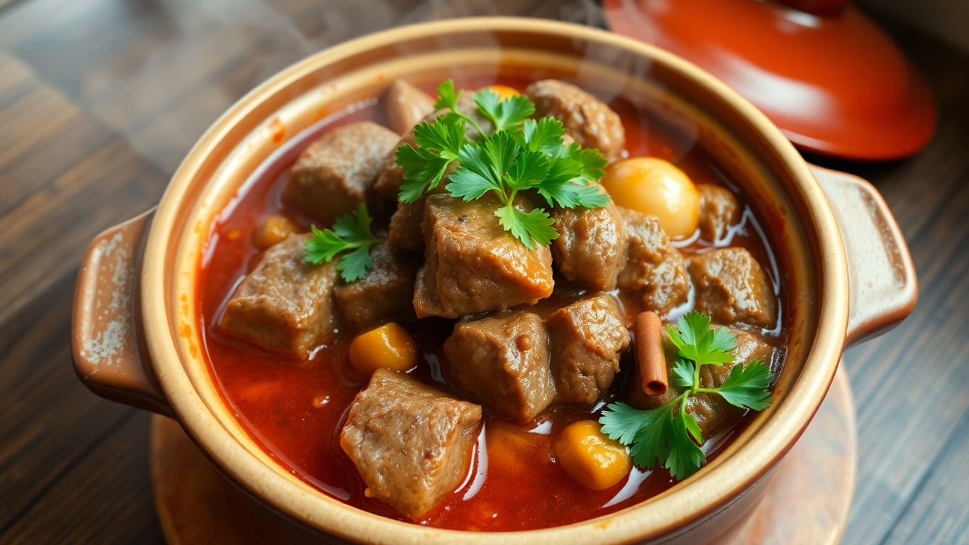 Hearty beef stifado in a rustic pot with onions.