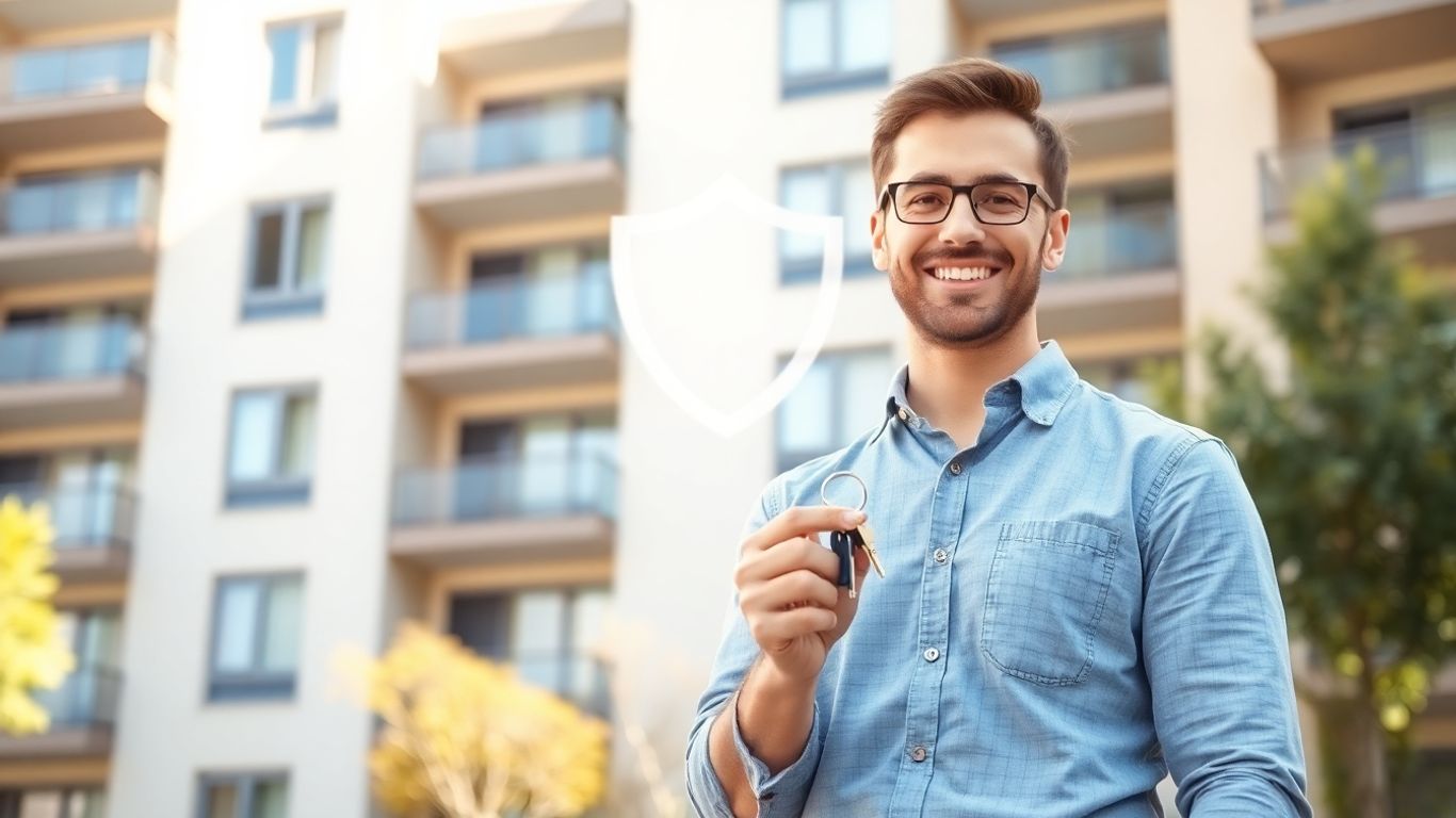Propietario sonriente sosteniendo llaves frente a edificio moderno