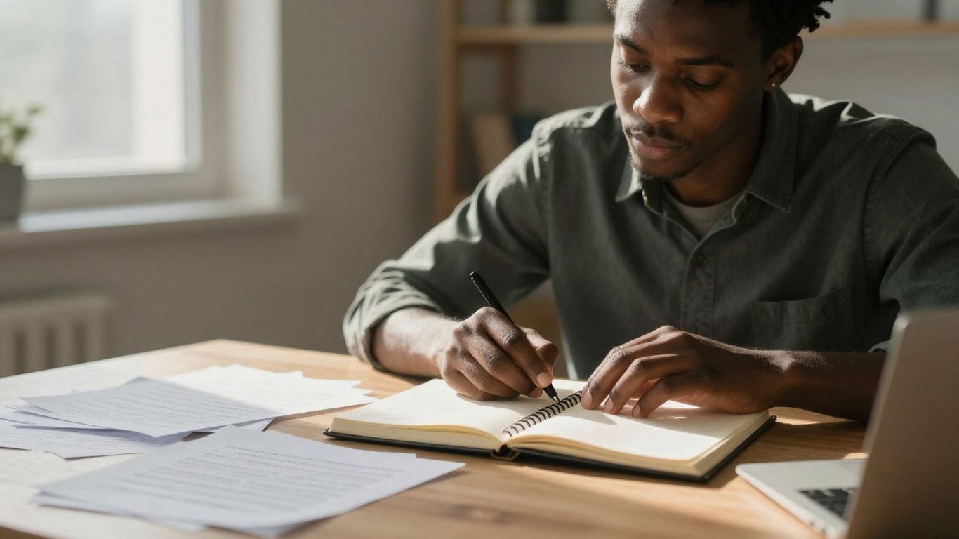 Person writing in a notebook, looking towards the future.