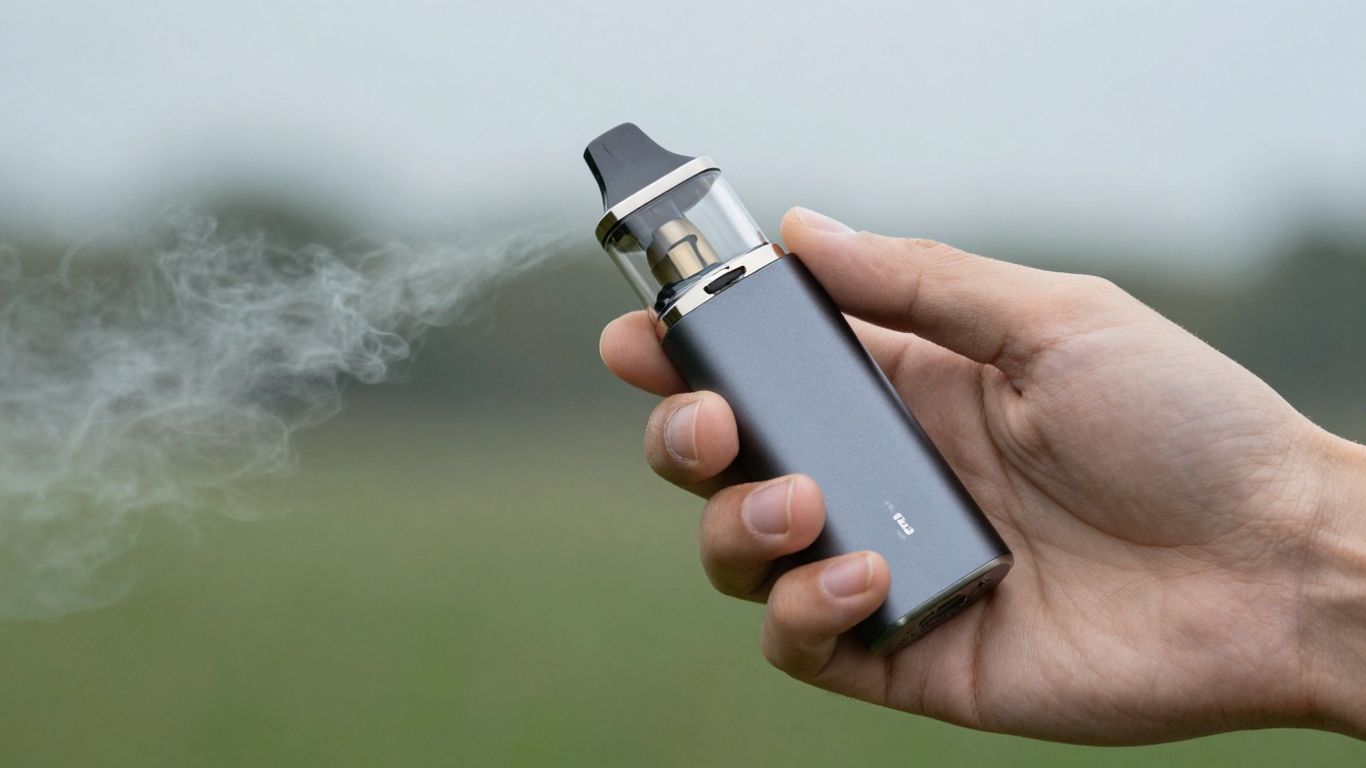 Person hält E-Zigarette, Dampf steigt auf.