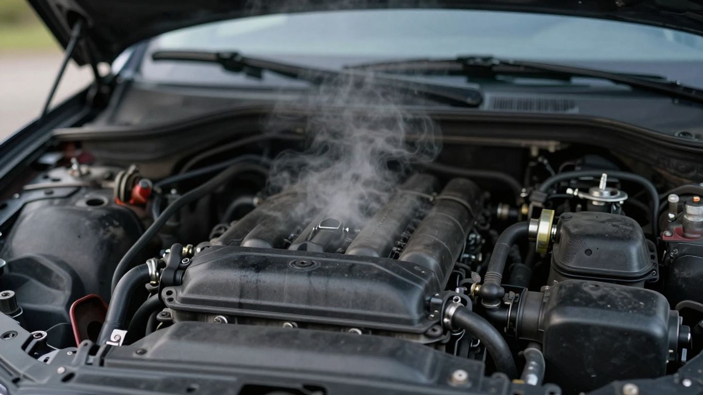 Car engine overheating with steam rising
