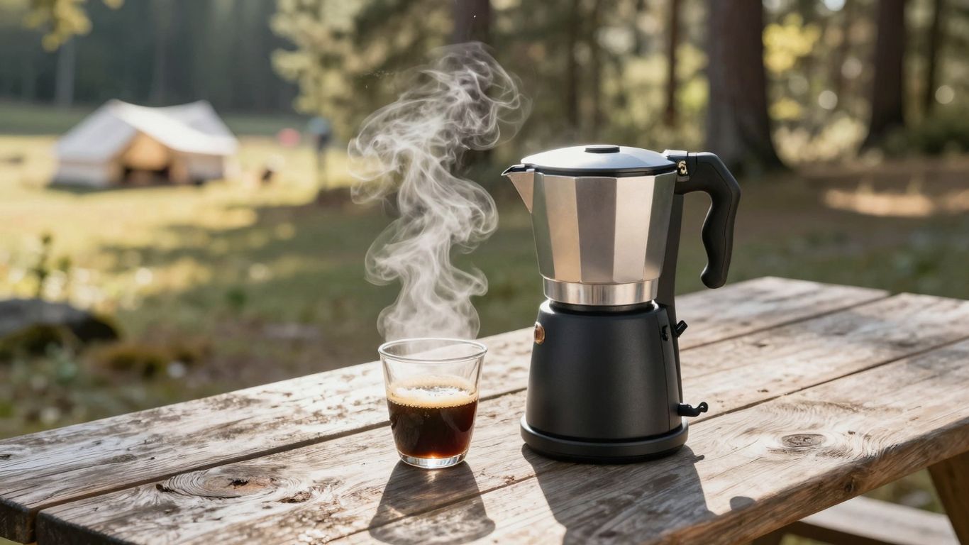 Low wattage coffee maker on a picnic table outdoors.