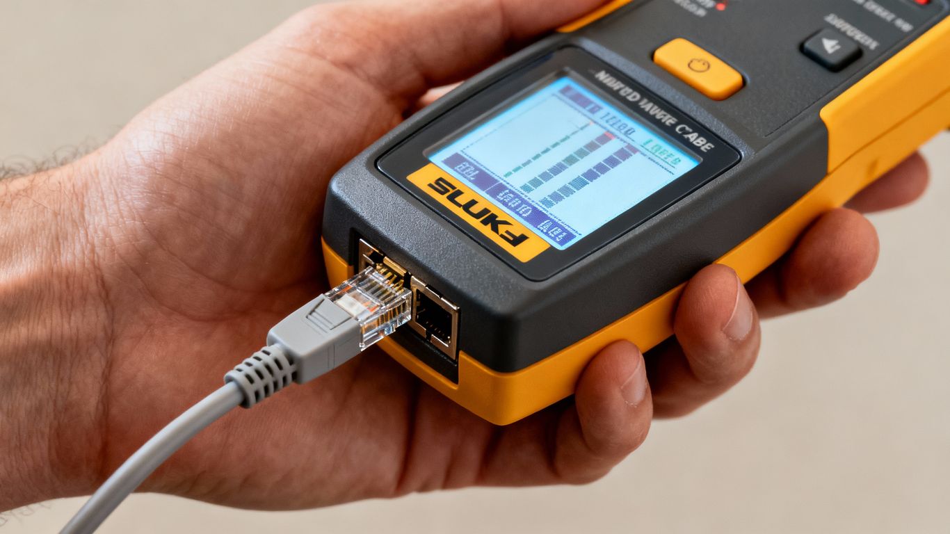 Fluke network cable tester with cable plugged in.