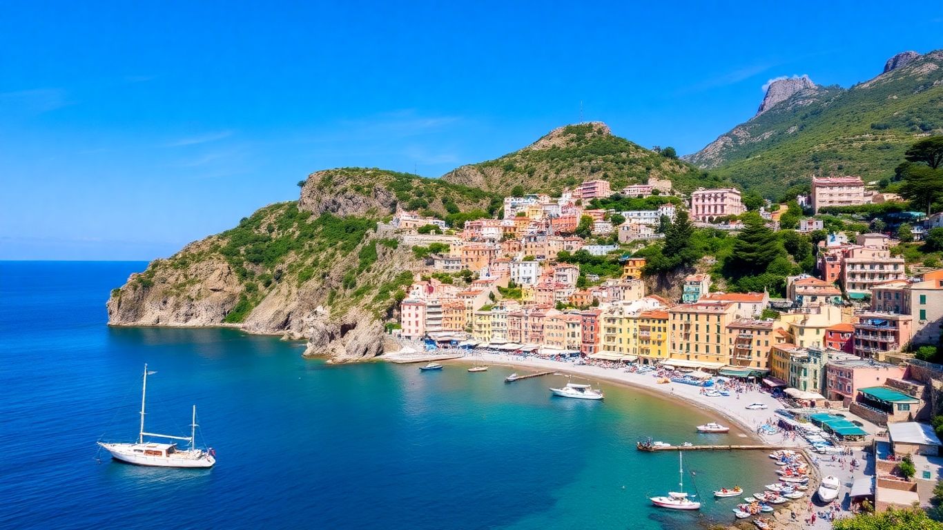 Colorful Amalfi Coast cliffs and blue sea in sunlight.