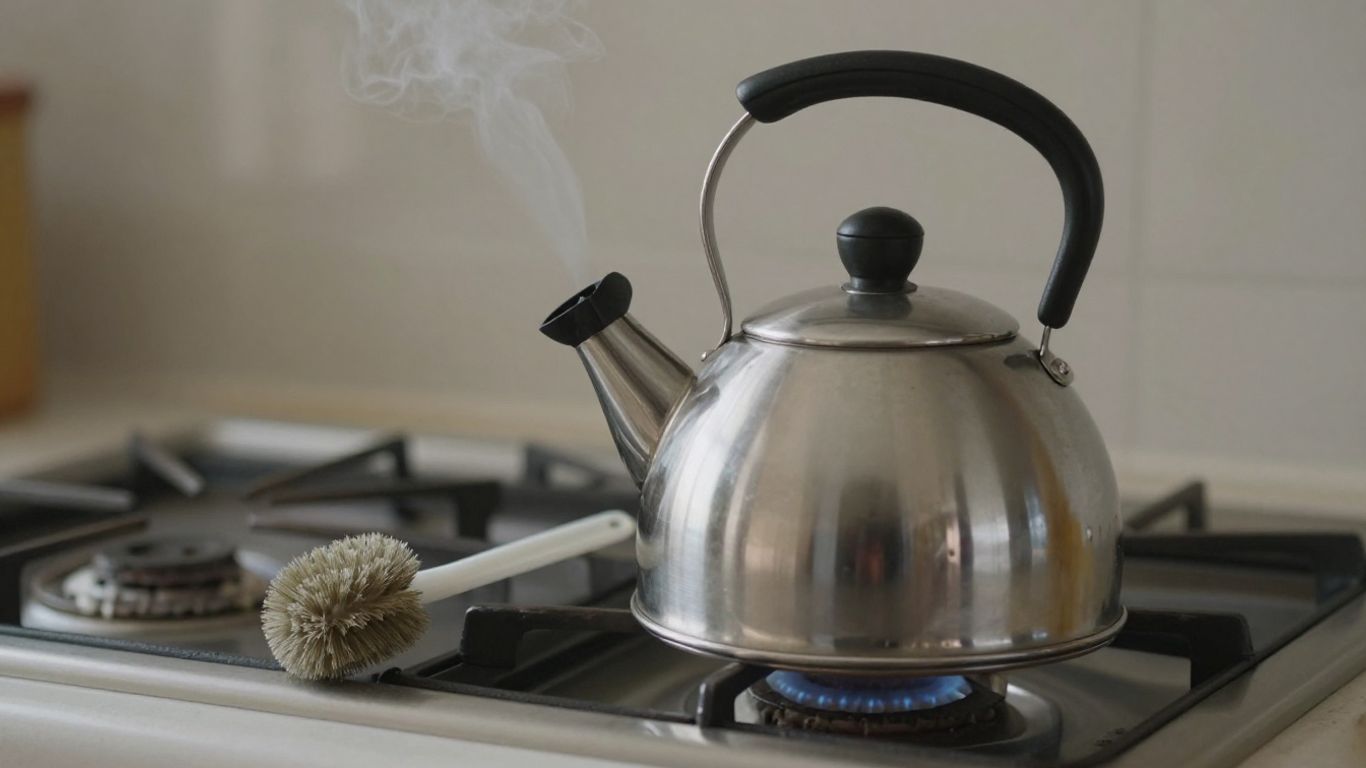 Shiny tea kettle on a stovetop with cleaning brush.