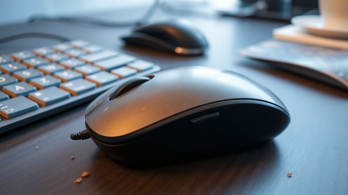 Dirty keyboard and mouse on office desk with crumbs.