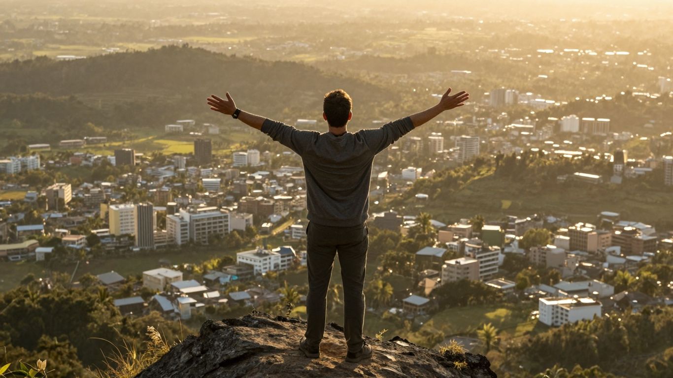 Person celebrating success on a mountaintop.