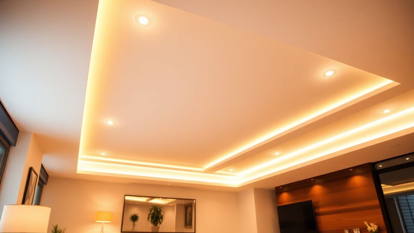 Modern living room with bright LED ceiling lights.