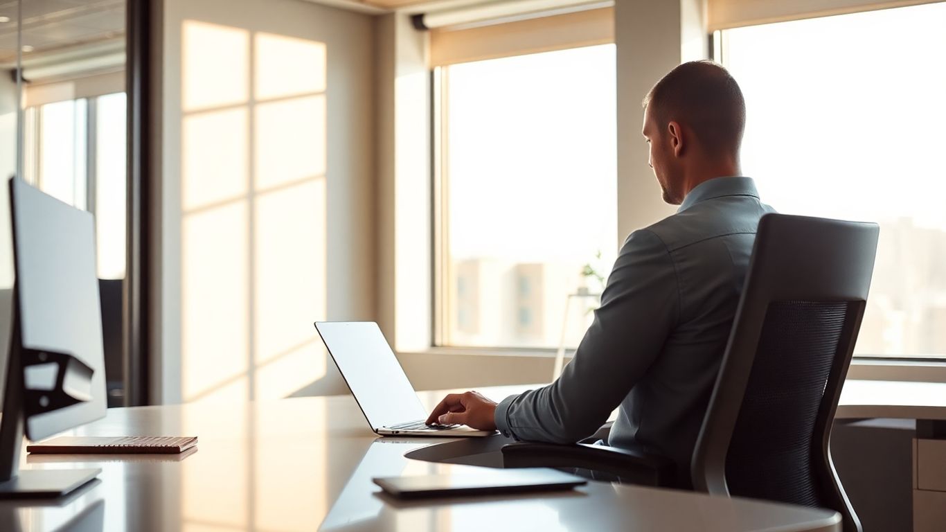 Person working on laptop in modern office.