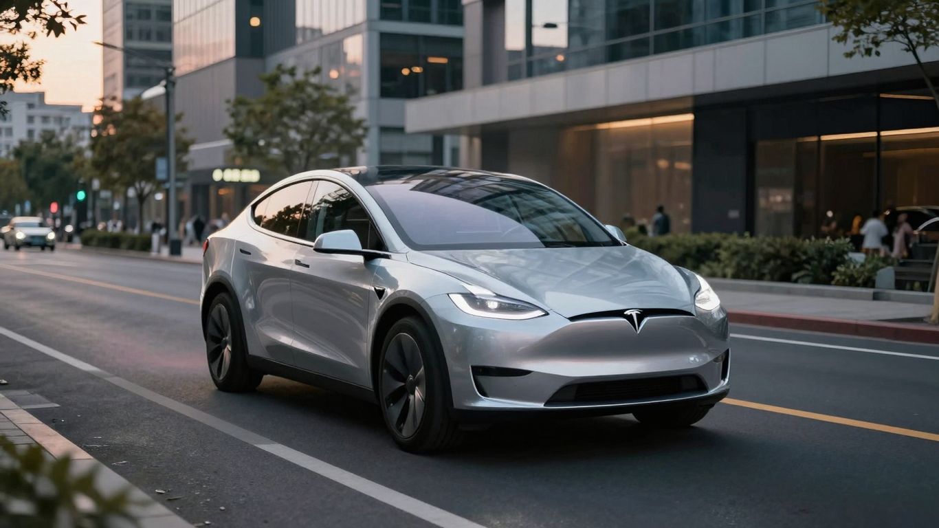 Tesla robotaxi driving autonomously on a city street.