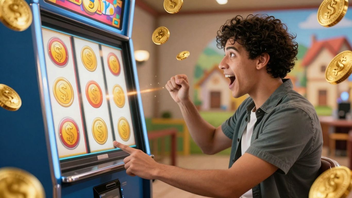 Joueur heureux faisant tourner la machine à sous Coin Master.