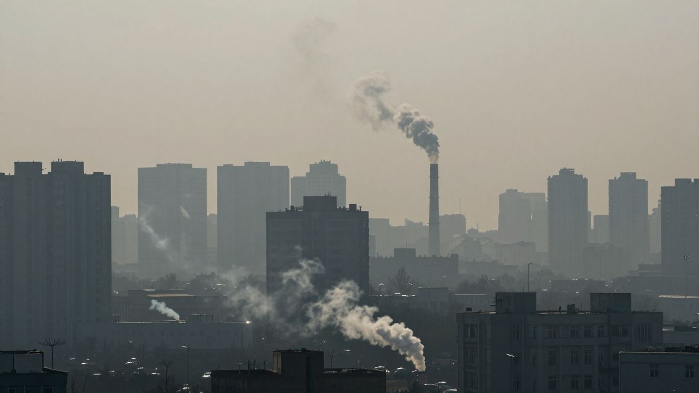 Oraș poluat cu smog, fum și trafic intens.