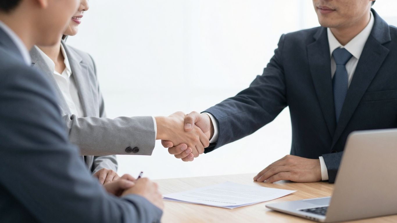 Business partners shaking hands and signing a contract.