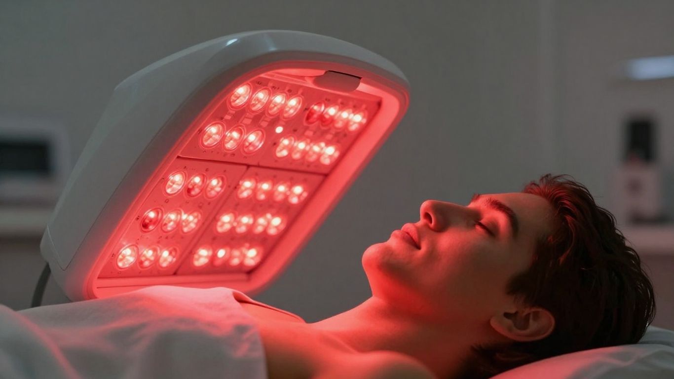 Person receiving red light therapy treatment.