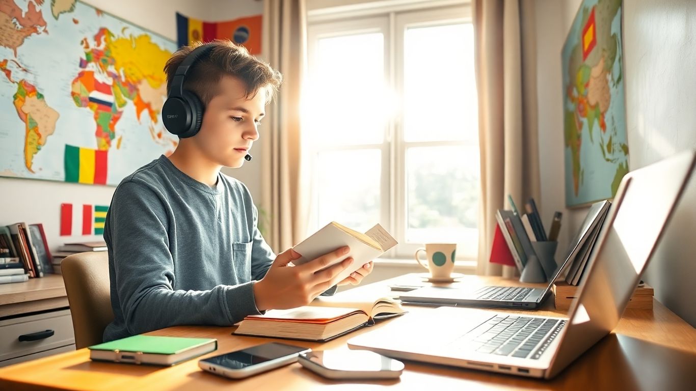 Persona escuchando audiolibros con banderas internacionales