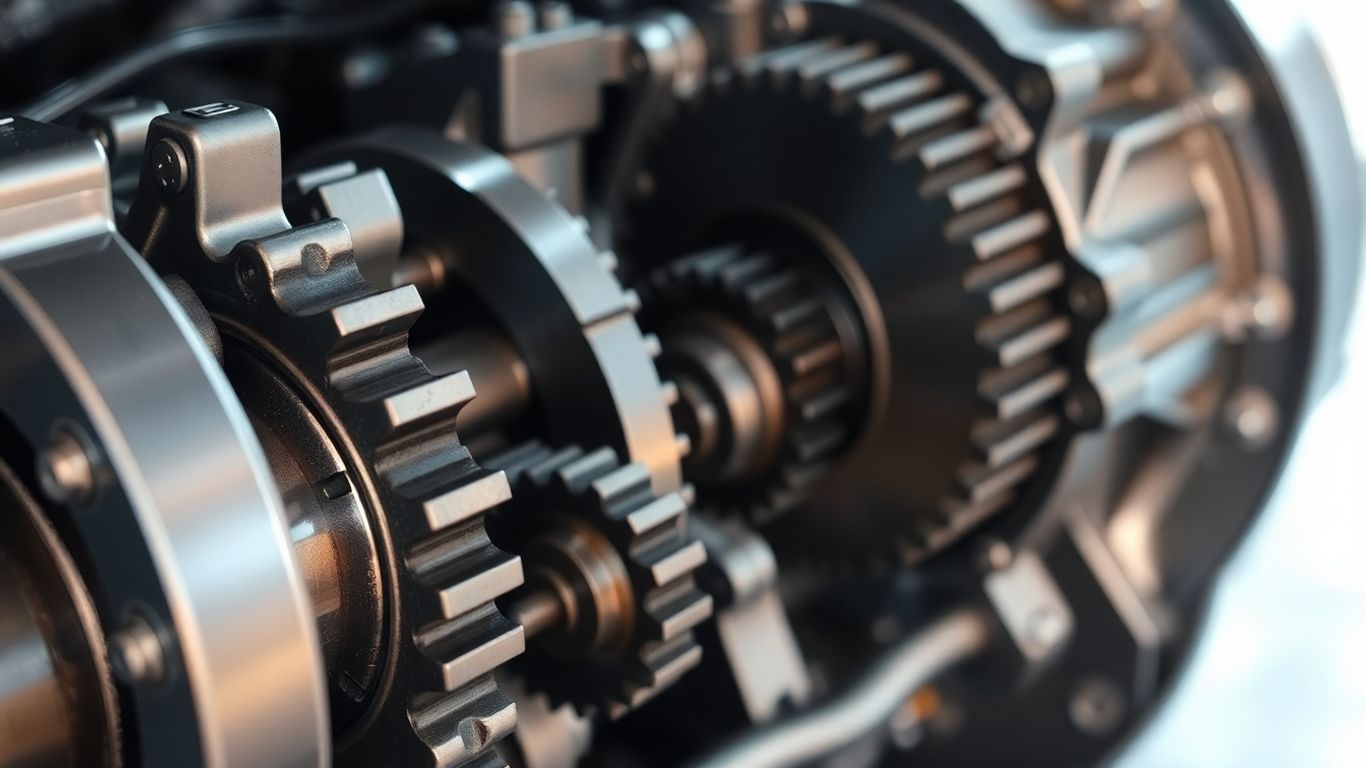 Car transmission with visible gears and internal components.