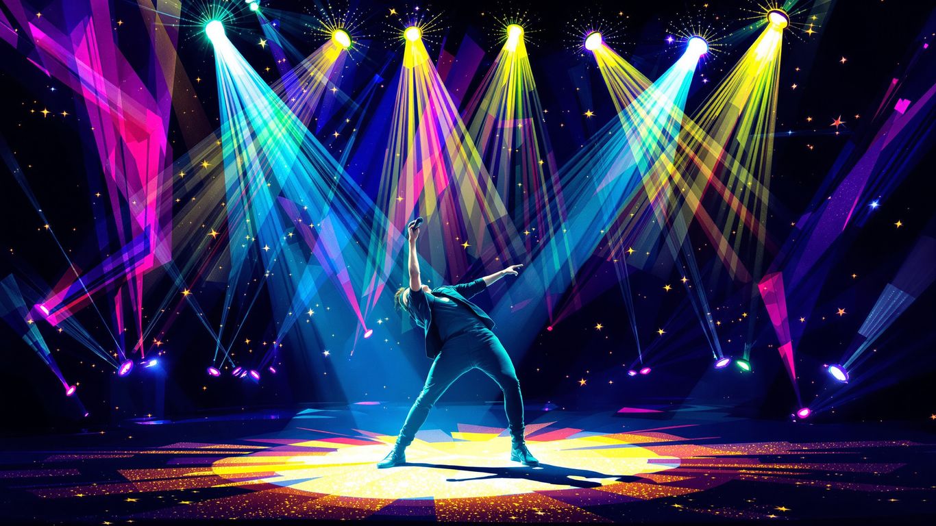 Artist performing live under colorful stage lights.