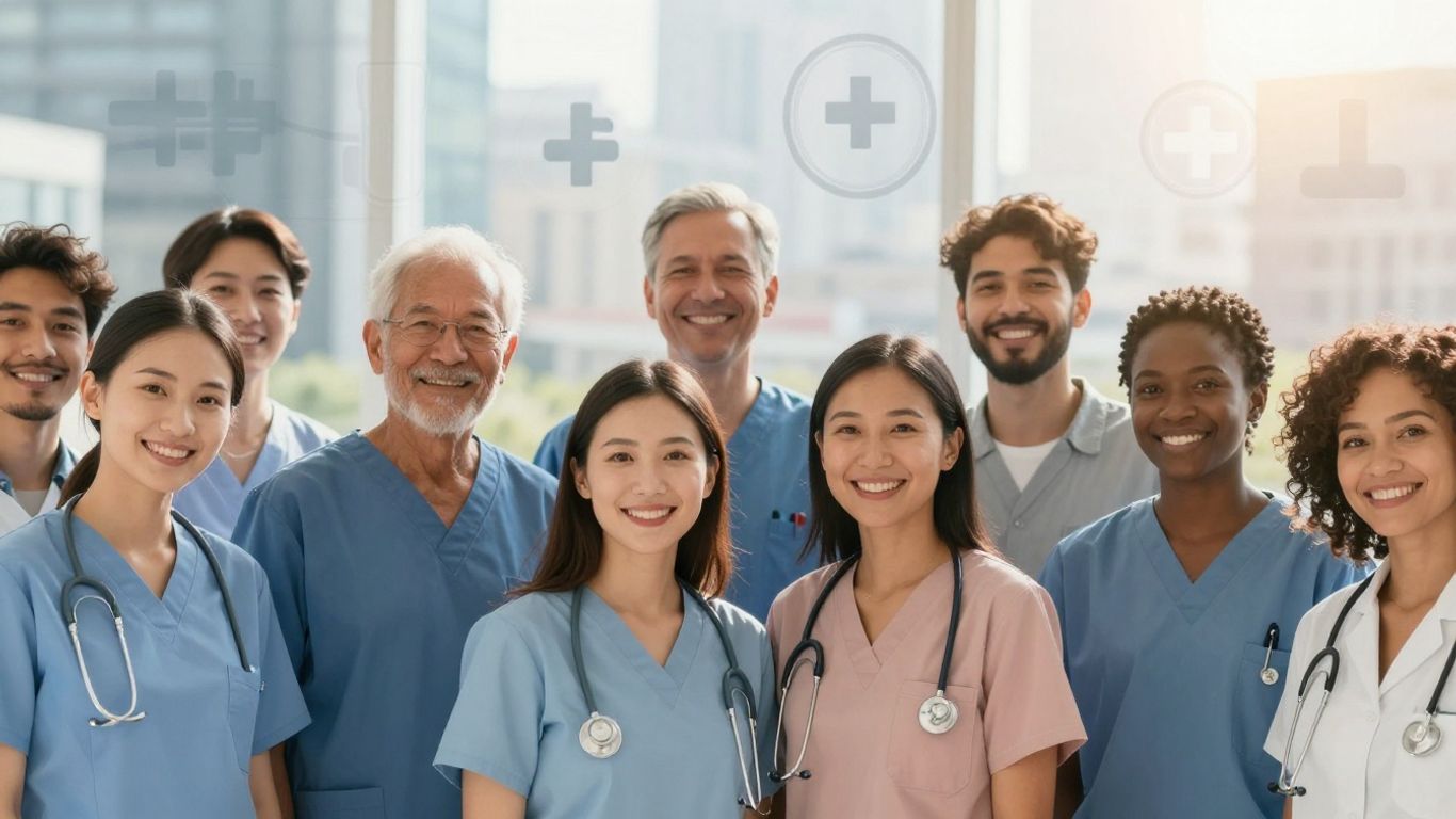 Diverse people, cityscape, medical symbols, health coverage