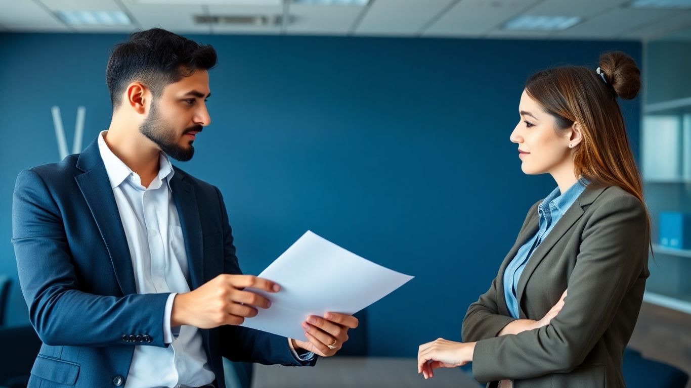 Zwei Personen besprechen Dokumente in einem Büro mit blauen Akzenten.