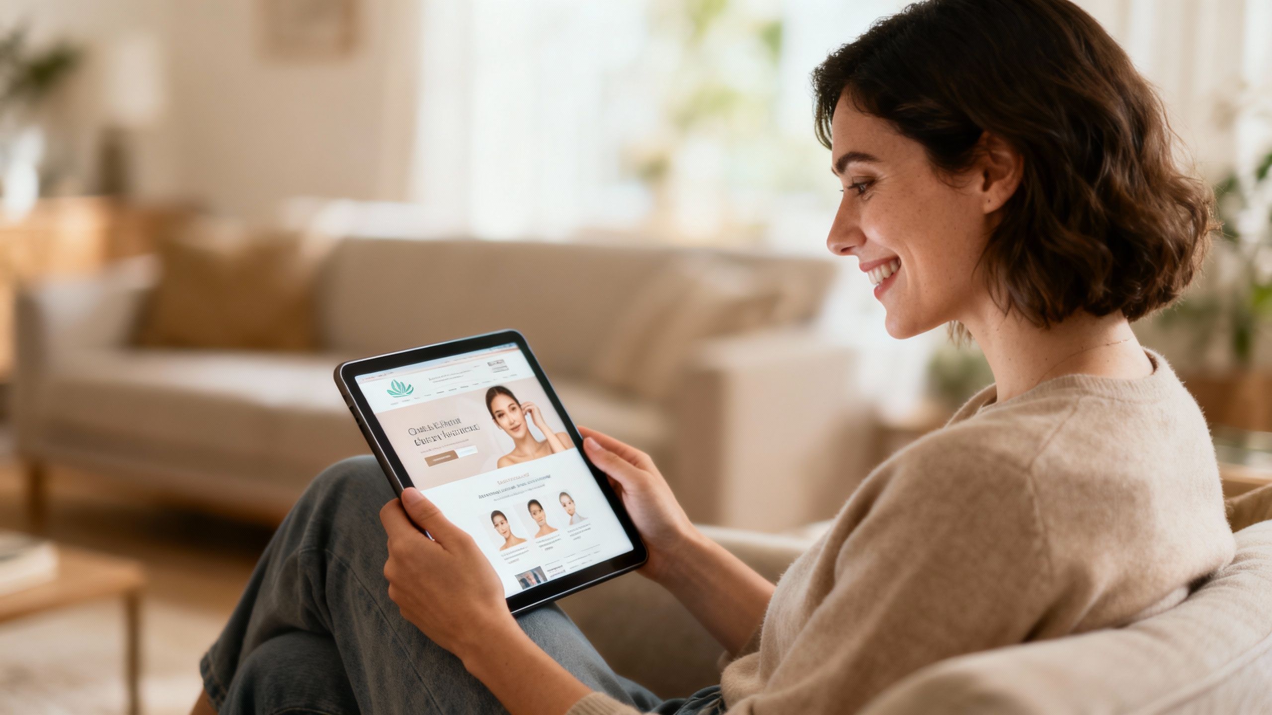 Woman browsing aesthetic clinic website on tablet at home.