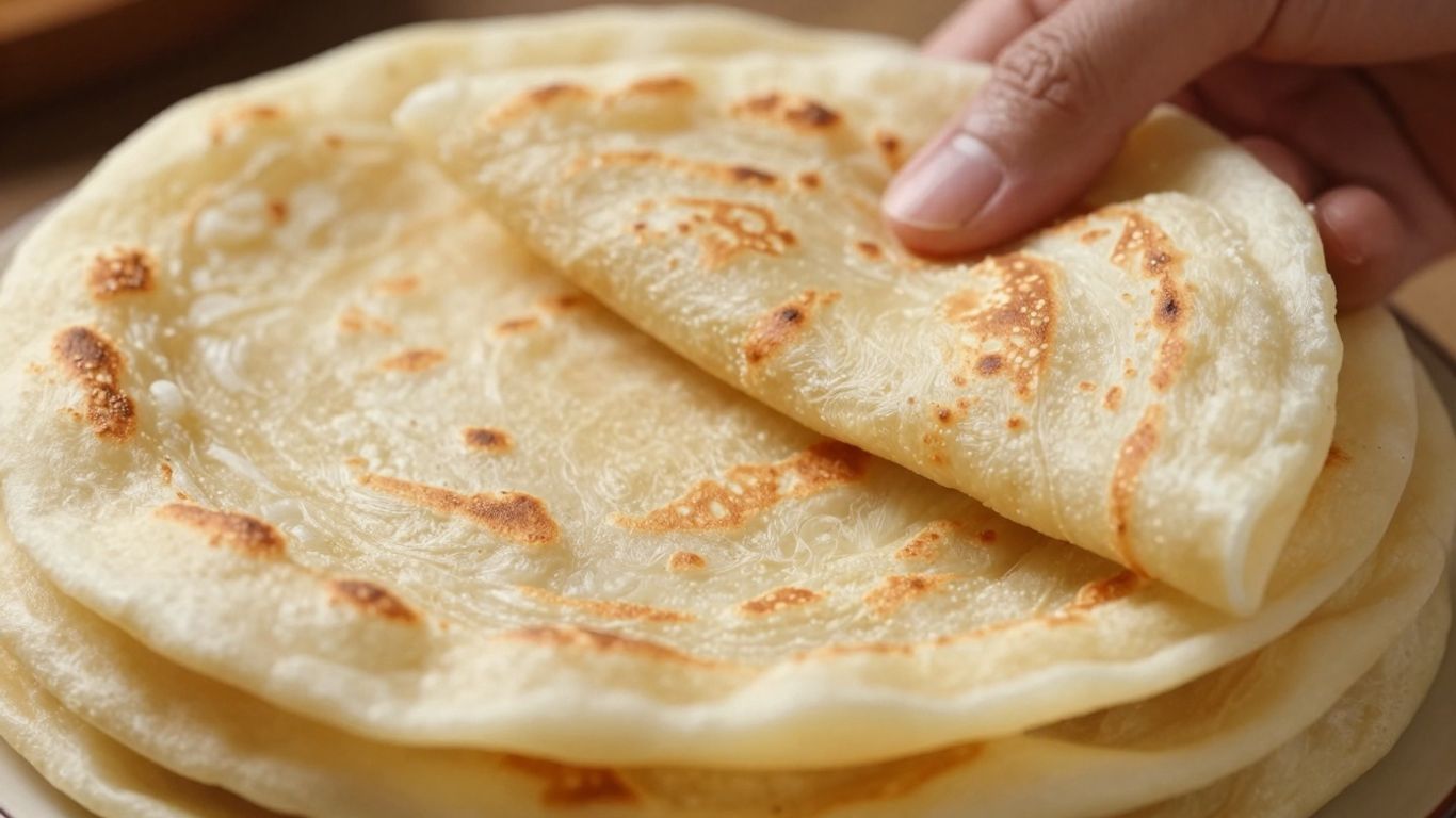 Soft, puffed rotis stacked high, hand pressing one.