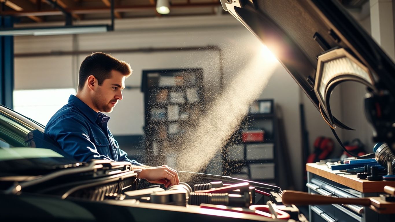 Mechanic working on a car engine in a workshop.