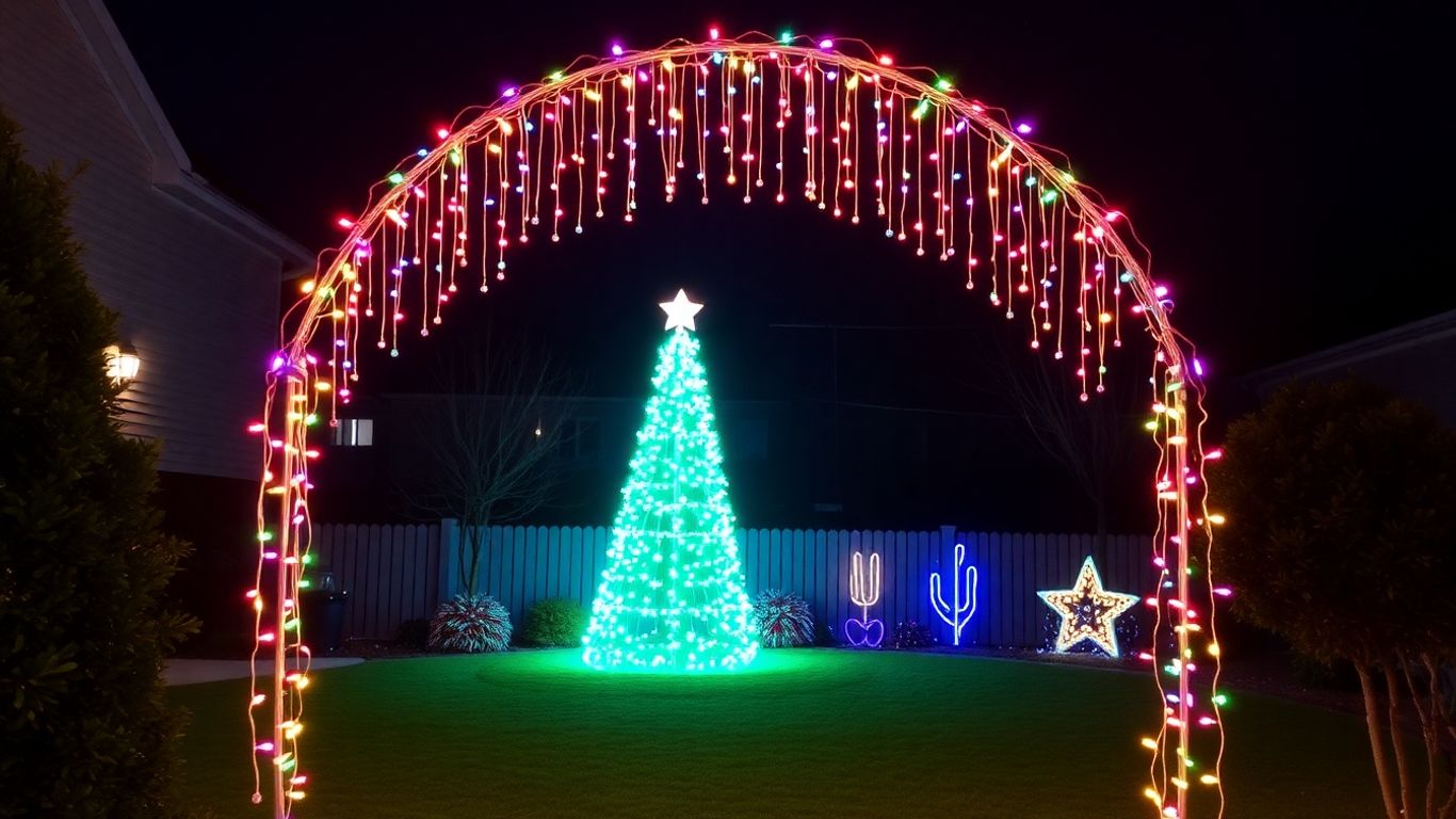 Twinkling LED Christmas tree archway for outdoor decor.
