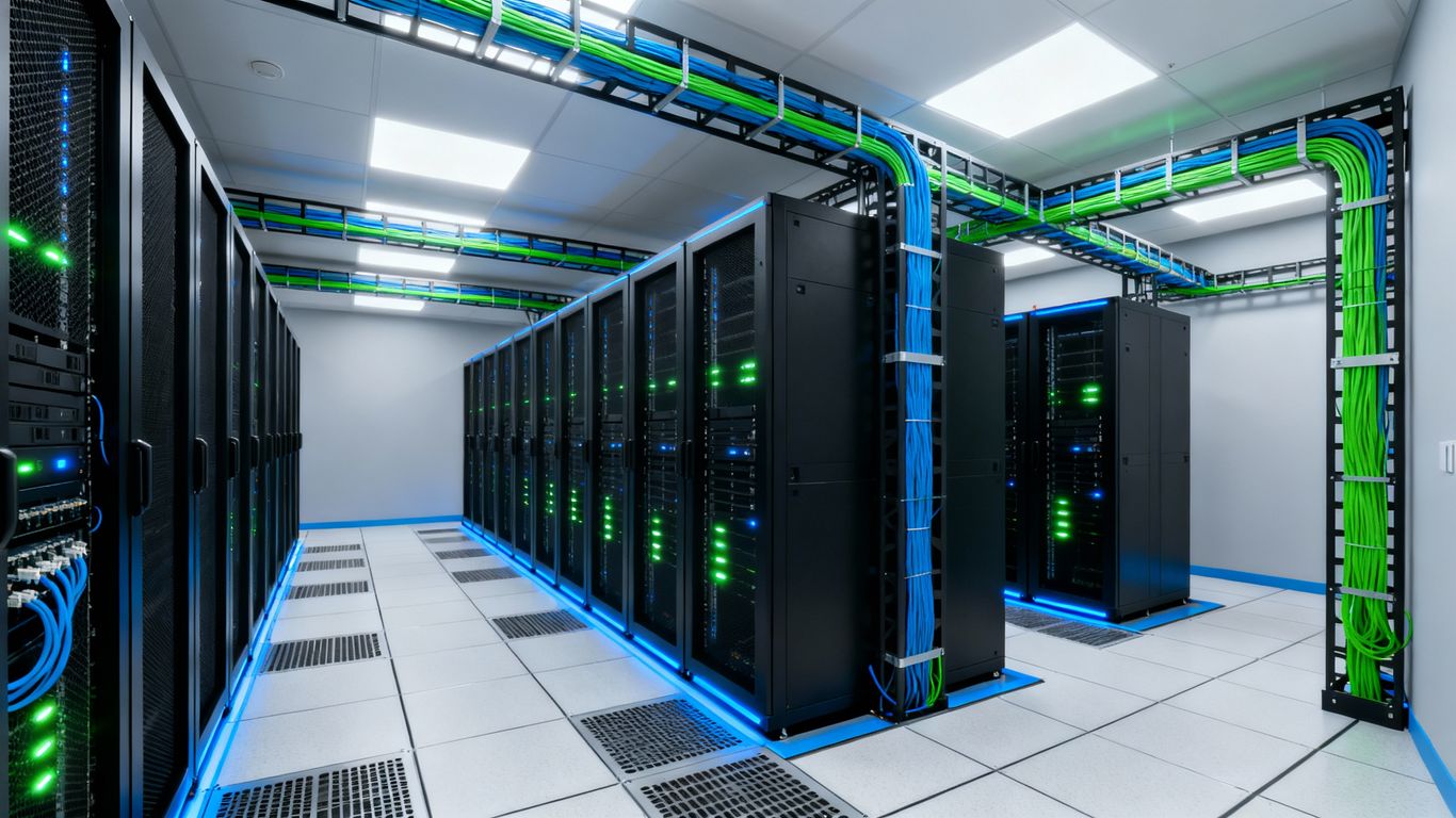 Neatly organized network cables in a server room.