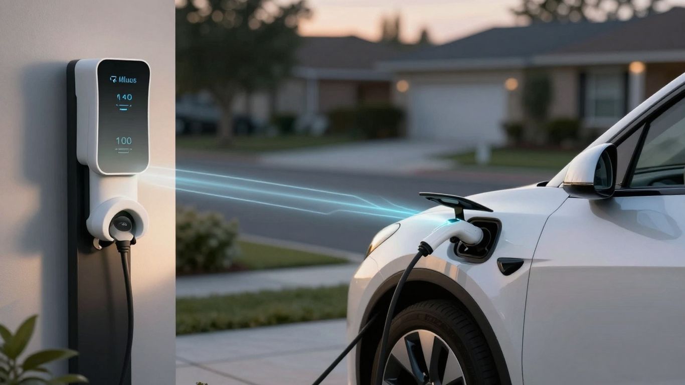 Electric car powering a home via V2G technology.