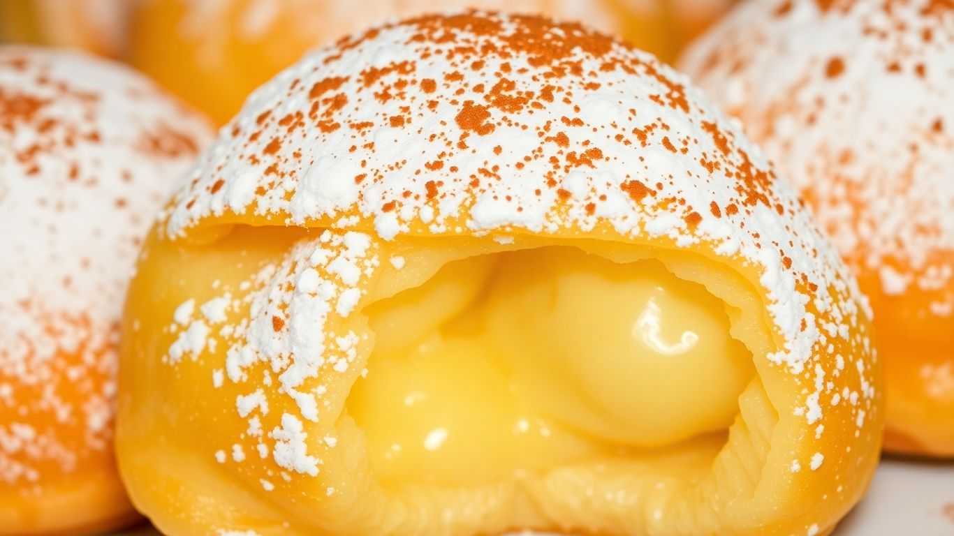 Golden bougatsa pastry dusted with powdered sugar and cinnamon.