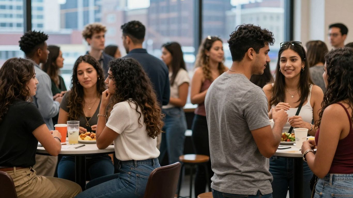 People speed dating in Philadelphia with city skyline.