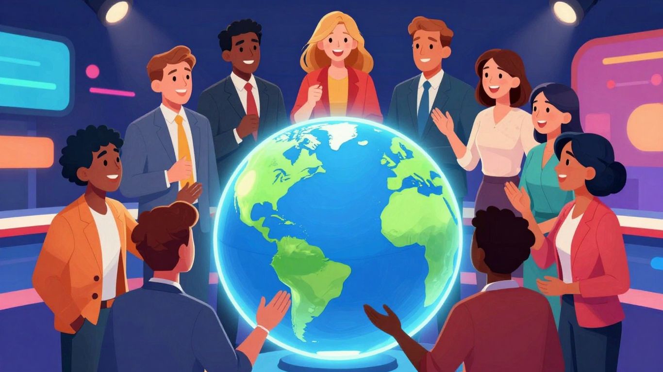 Entertainment Tonight hosts smiling around a globe.