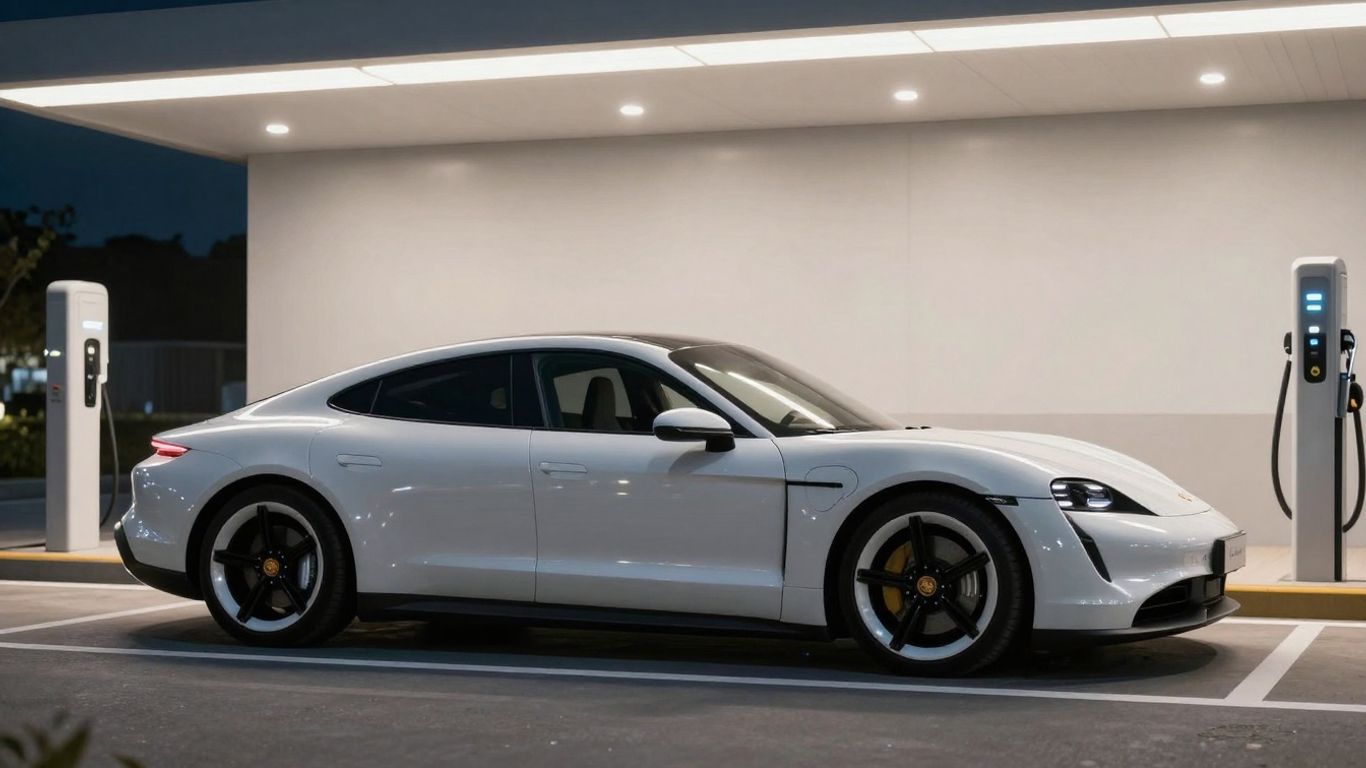 Porsche Taycan charging at a modern lounge.