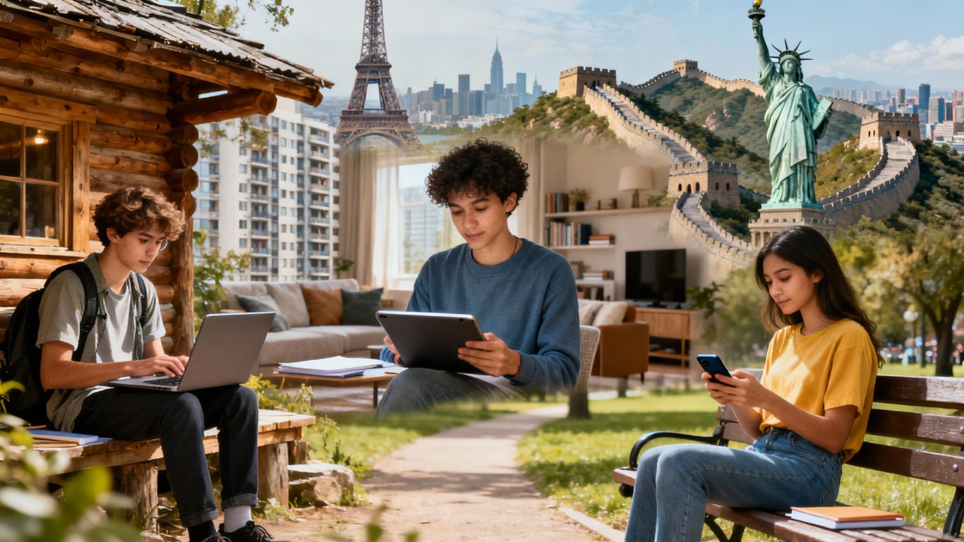 Global students learning online using electronic devices