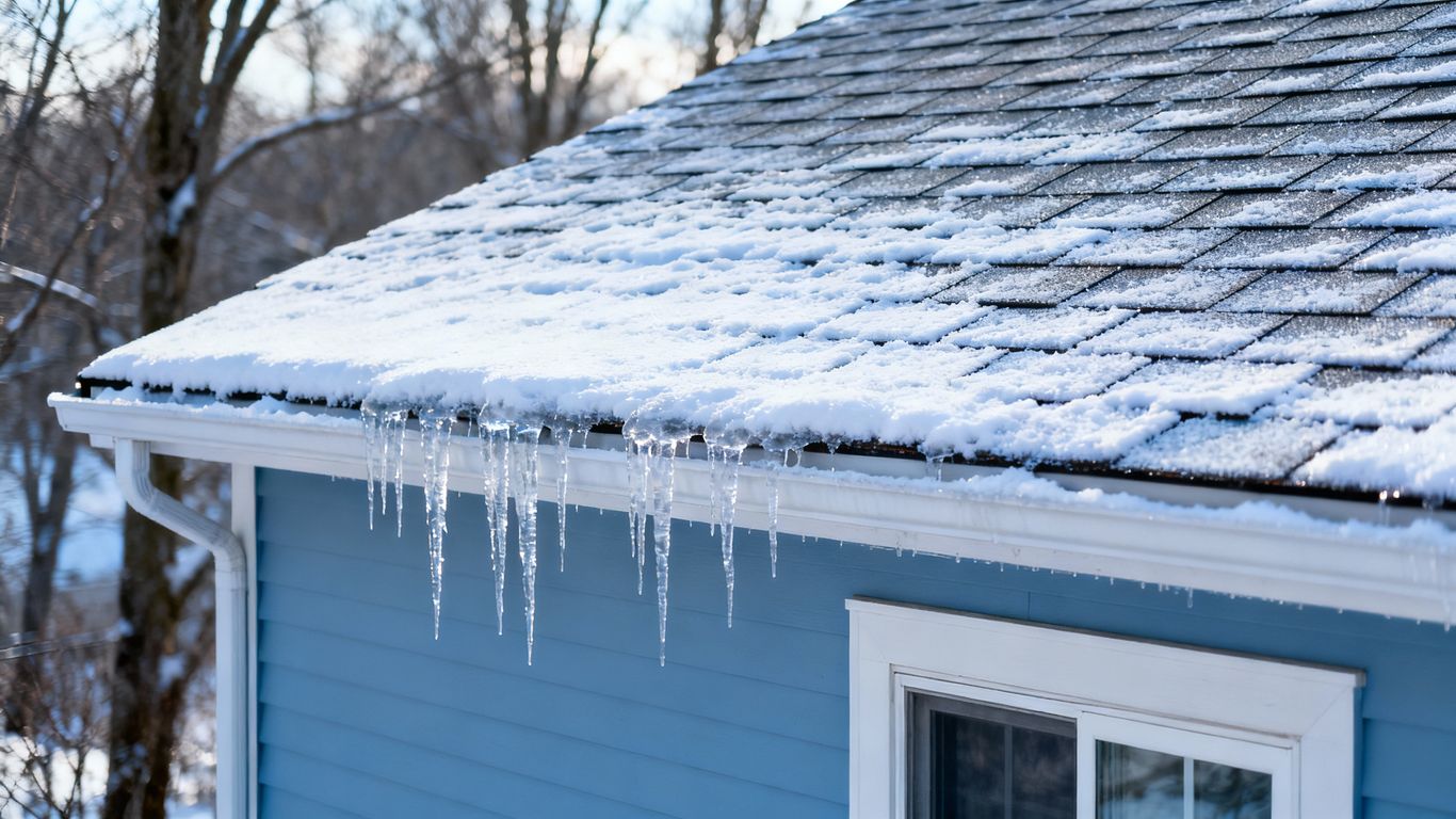 Snow-covered roof with icicles in cold weather.
