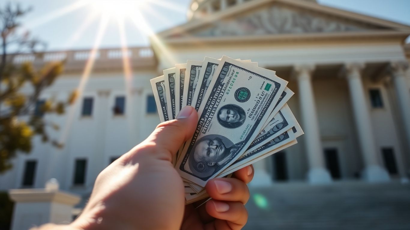 Hand holding money near government buildings.