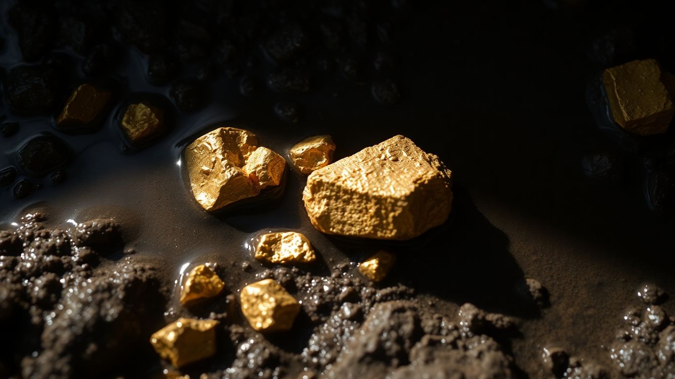 黑泥中散落着未经加工的金块。